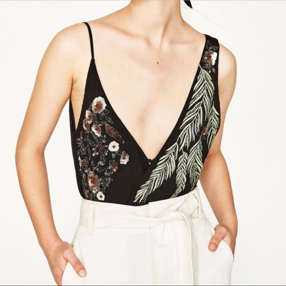 Zara Beaded Floral Embroidered Bodysuit Top Size M